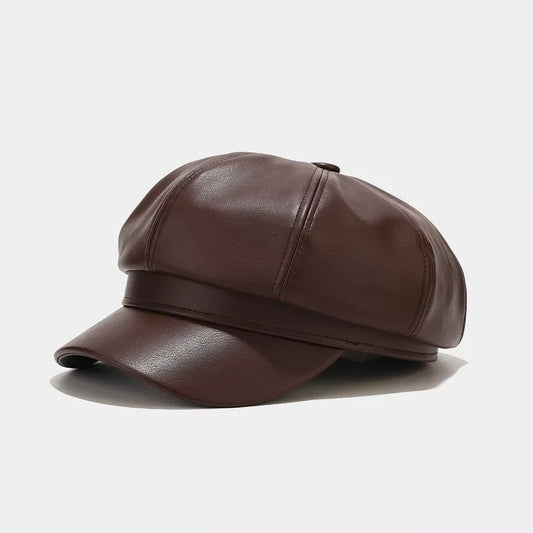Faux Leather Newsboy Hat For Women Men Vintage