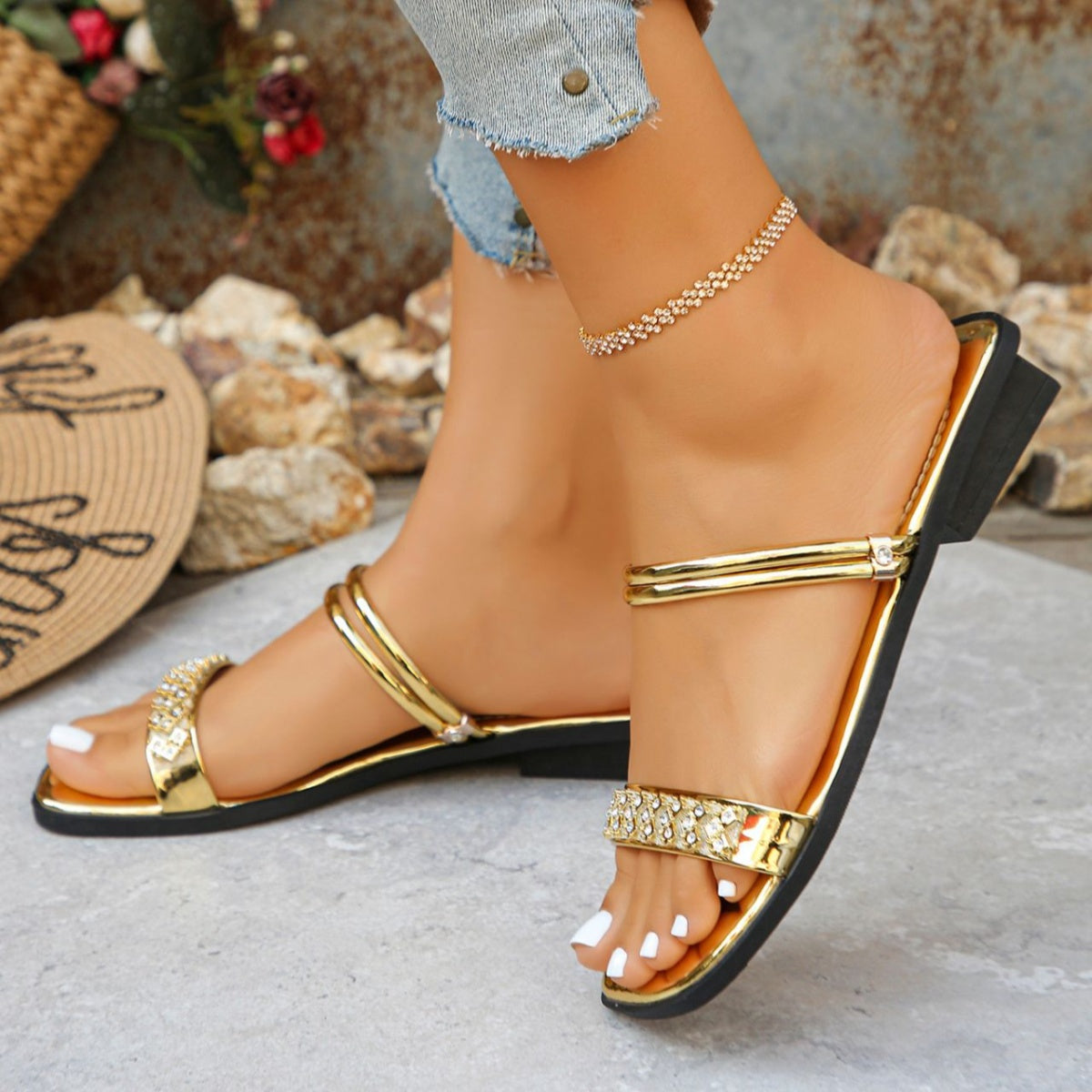 Rhinestone Strappy Flat Sandals For Women Casual Everyday