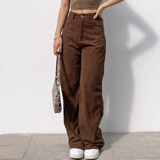 Women's Retro Corduroy High Waist Loose Straight-Leg Pants
