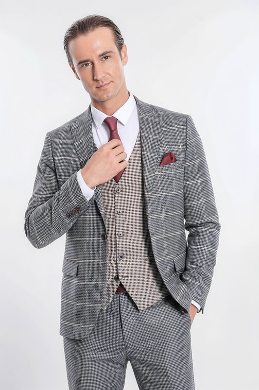 Men's Checked Beige Vest Slim Fit Gray Suit