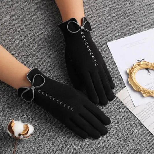 Elegant Black Winter Warm Bow Gloves For Women