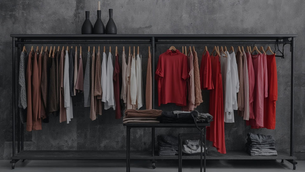 A clothing rack display in a dark studio setting, holding multiple garments in neutral tones, reds, and whites, with folded stacks on a table below and three dark bottles on top.