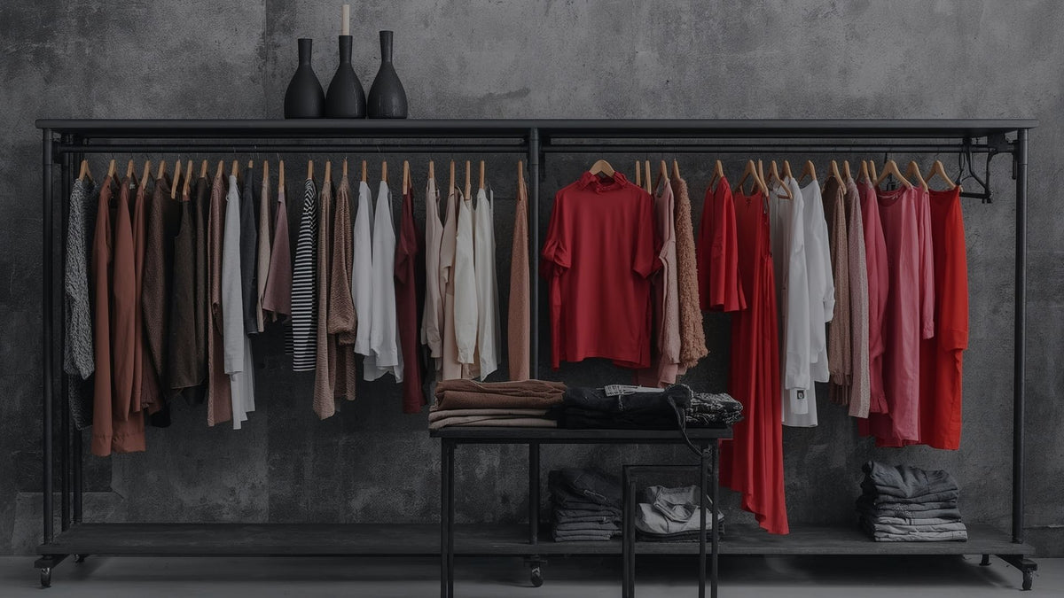 A clothing rack display in a dark studio setting, holding multiple garments in neutral tones, reds, and whites, with folded stacks on a table below and three dark bottles on top.