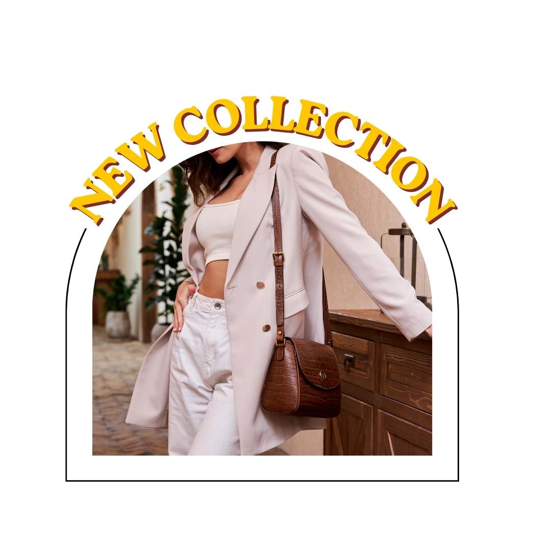 A promotional graphic with a woman wearing a light beige double-breasted blazer, white crop top, white pants, and carrying a brown crossbody bag. The image is framed inside a white arch with the text 'NEW COLLECTION' in yellow at the top.