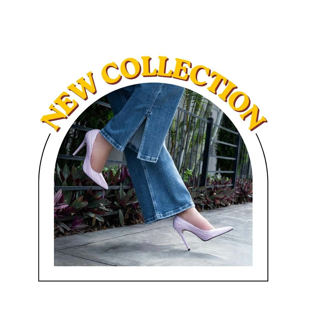 A promotional graphic with the words “NEW COLLECTION” in large yellow letters over a photo of a person’s legs wearing light lavender high-heeled pumps and blue jeans, set against a white background with a thin black arch outline.